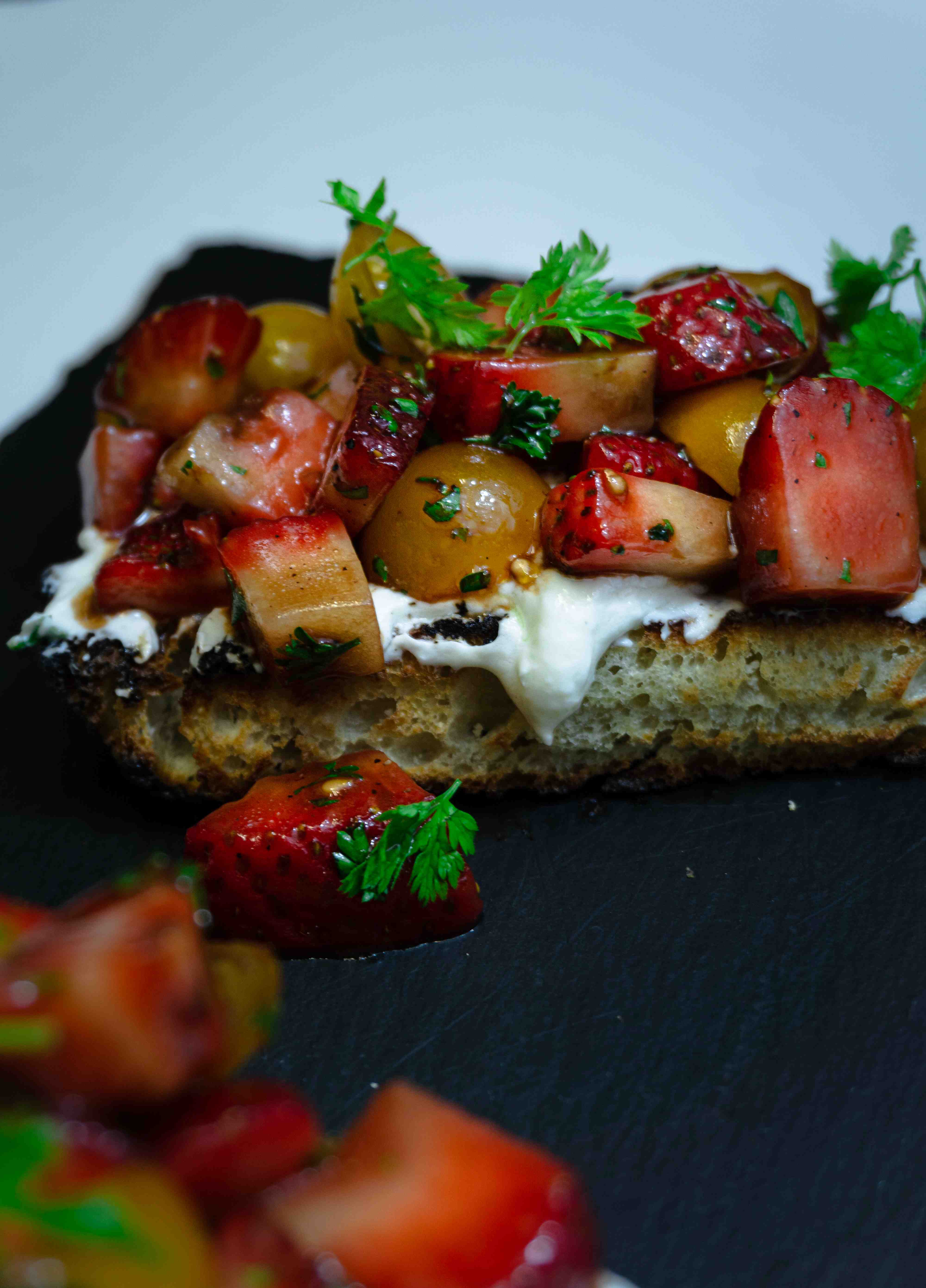 Yellow Tomato and Strawberry Bruschetta